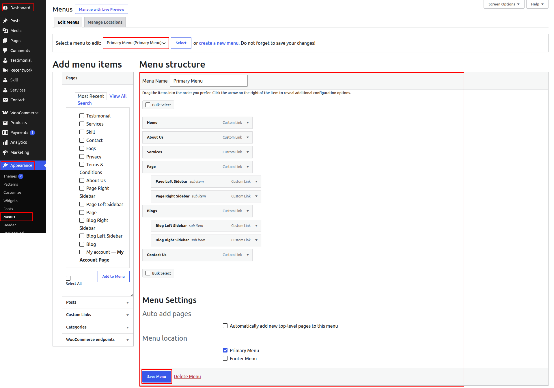 Menu Header Settings