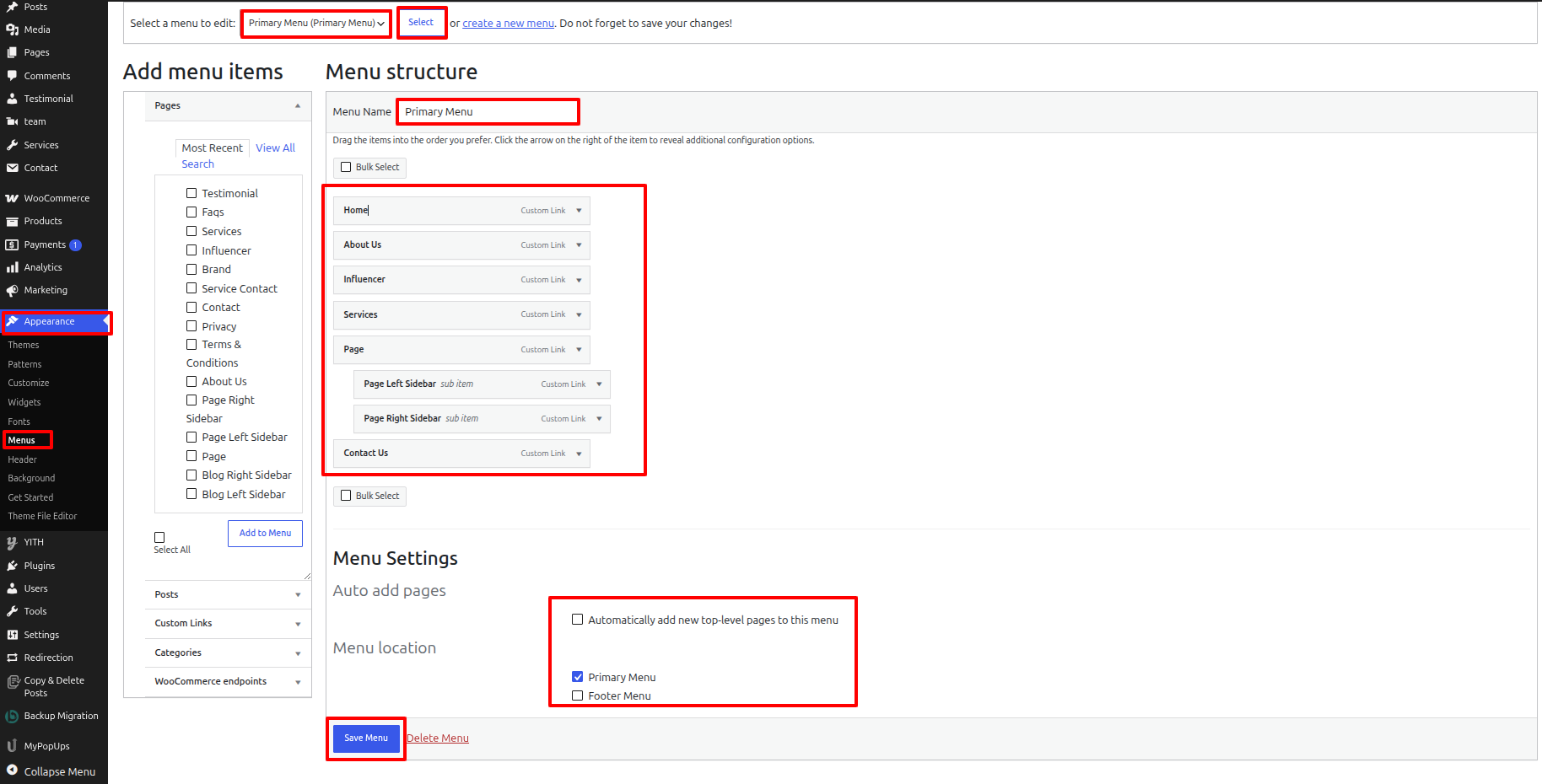 Menu Header Settings