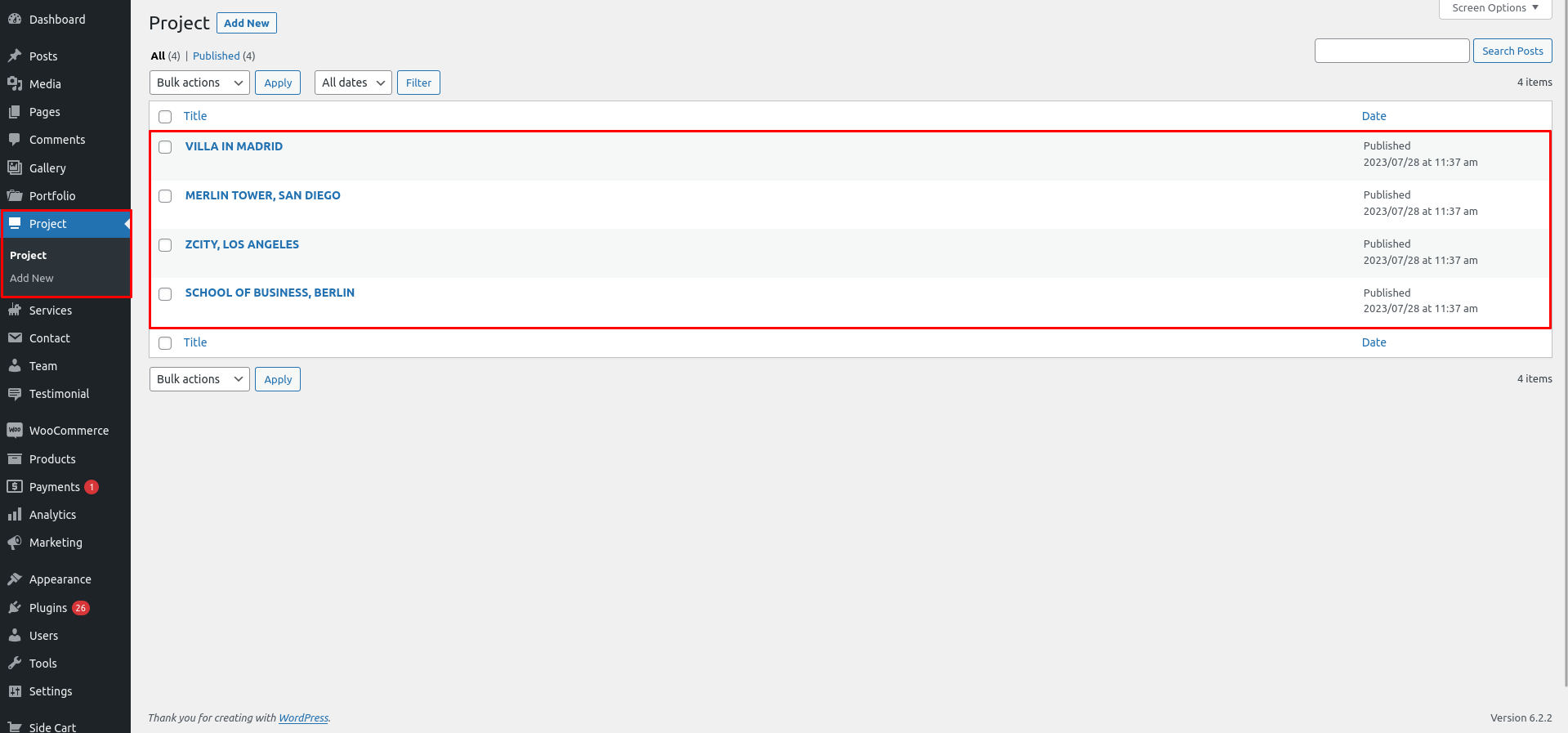 our latest project Section Customizer Settings