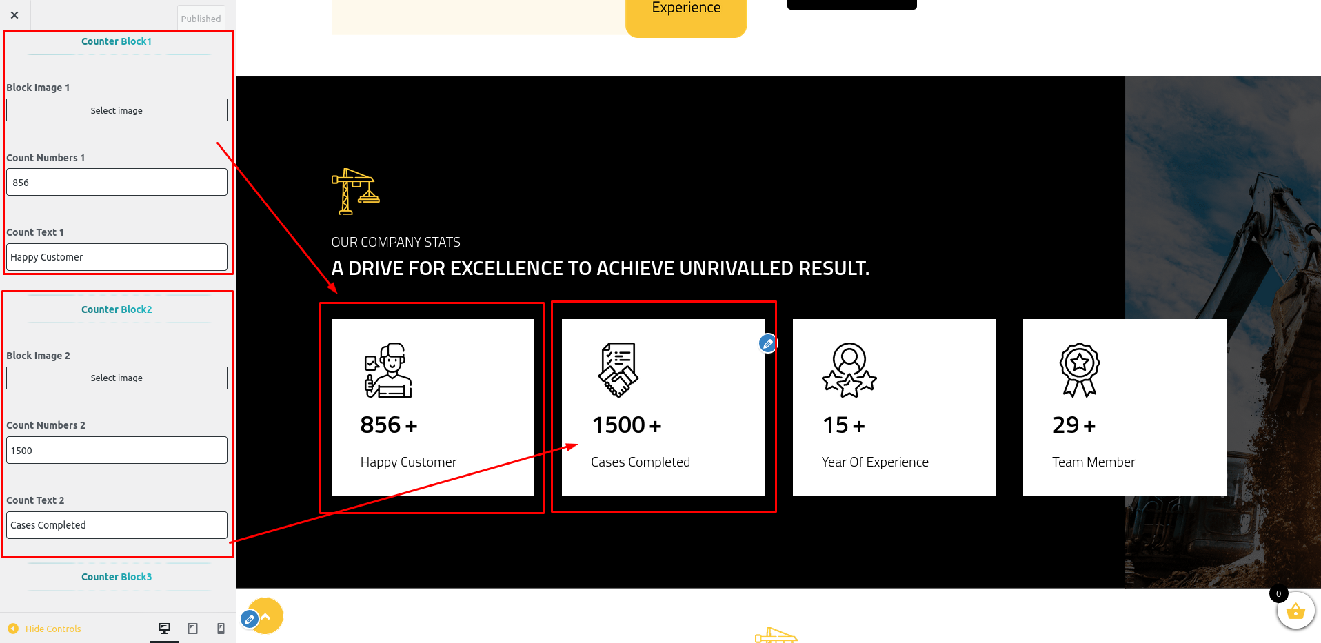 Our Company Stats Section Customizer Settings