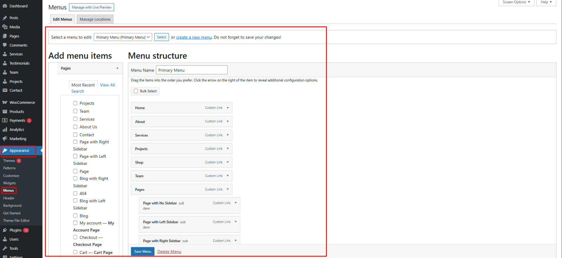 Menu Header Settings