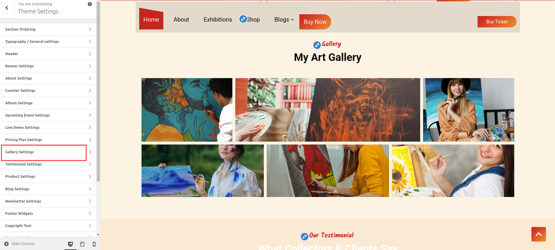 Gallery Customizer Settings