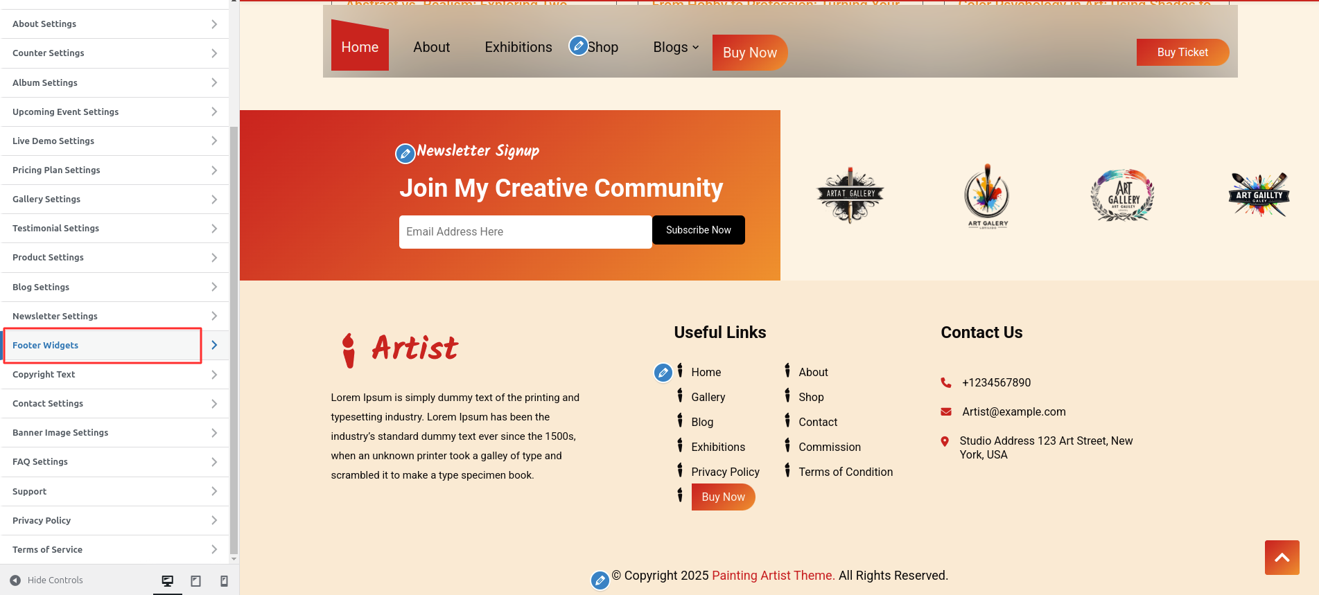 Footer Dashboard Setup