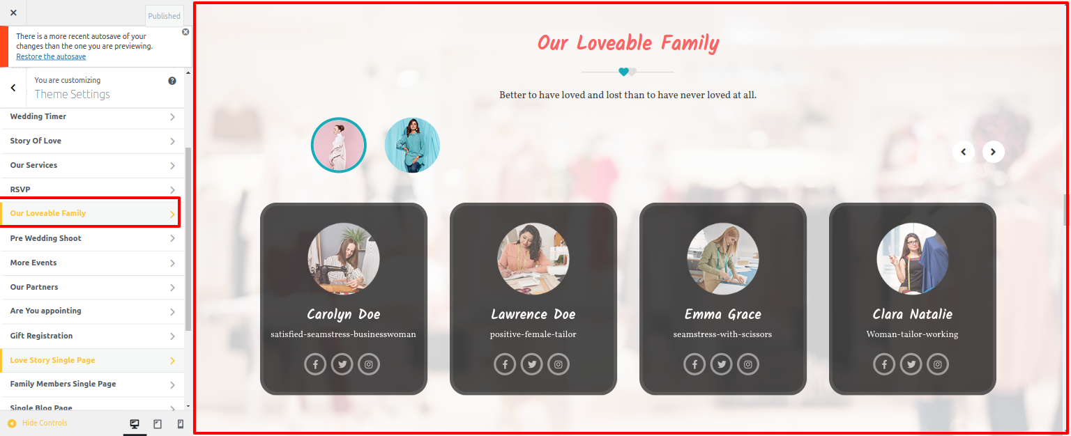 Our Loveable Family Customizer Settings