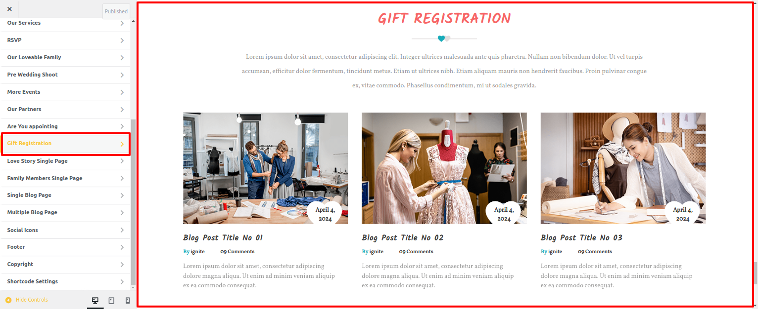 Gift Registration Section