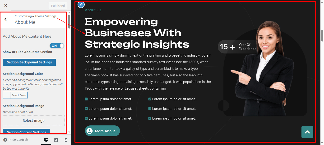 About Us Customizer Settings