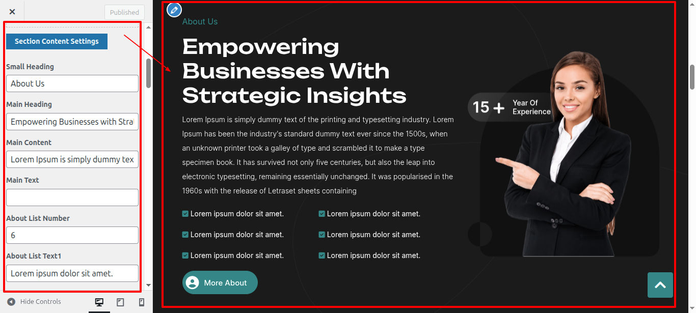 About Us Customizer Settings