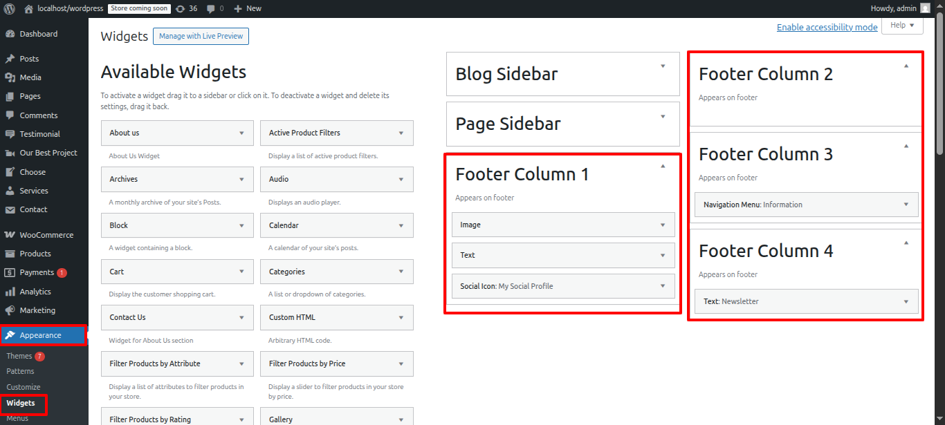 Footer Dashboard Setup