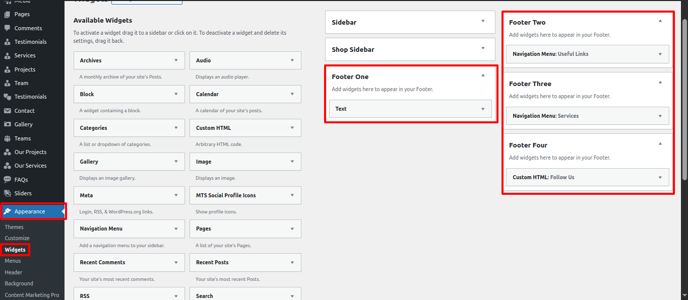 Footer Dashboard Setup