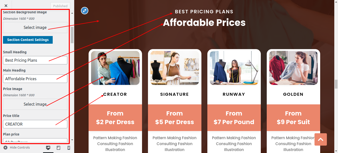 Pricingplan Section Customizer Settings