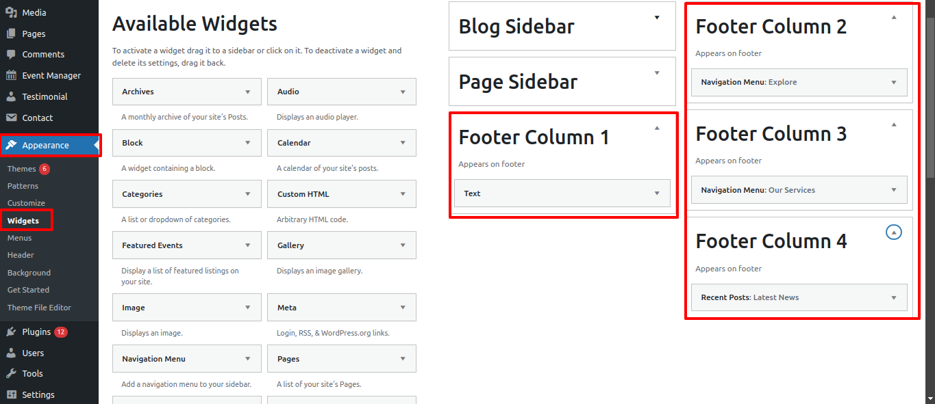 Footer Dashboard Setup