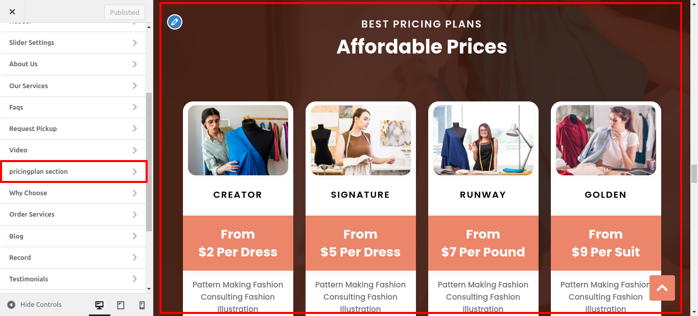 Pricingplan Section Customizer Settings