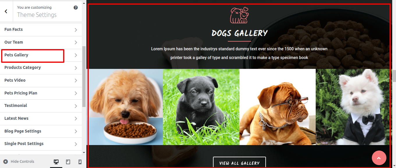 Pets Gallery Customizer Settings