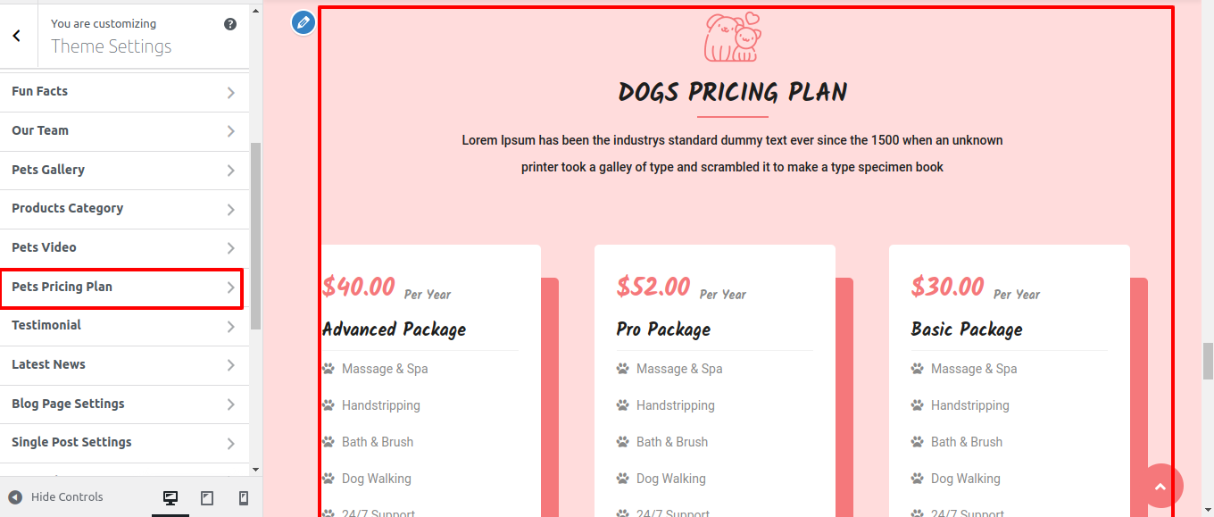 Pets Pricing Plan Section