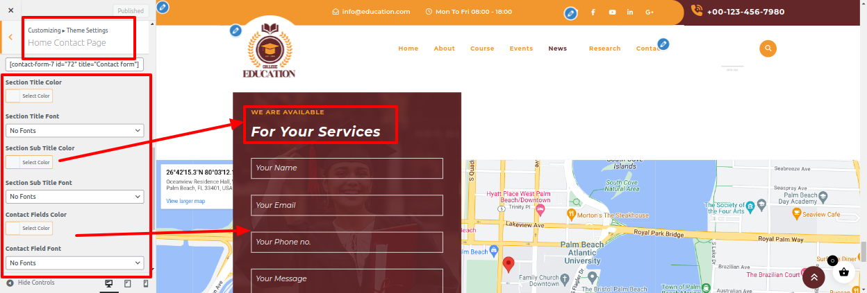 Home Contact Page Customizer Settings
