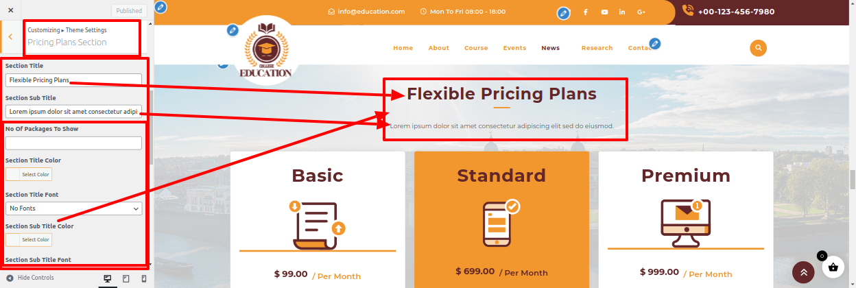 Pricing Plans Customizer Settings