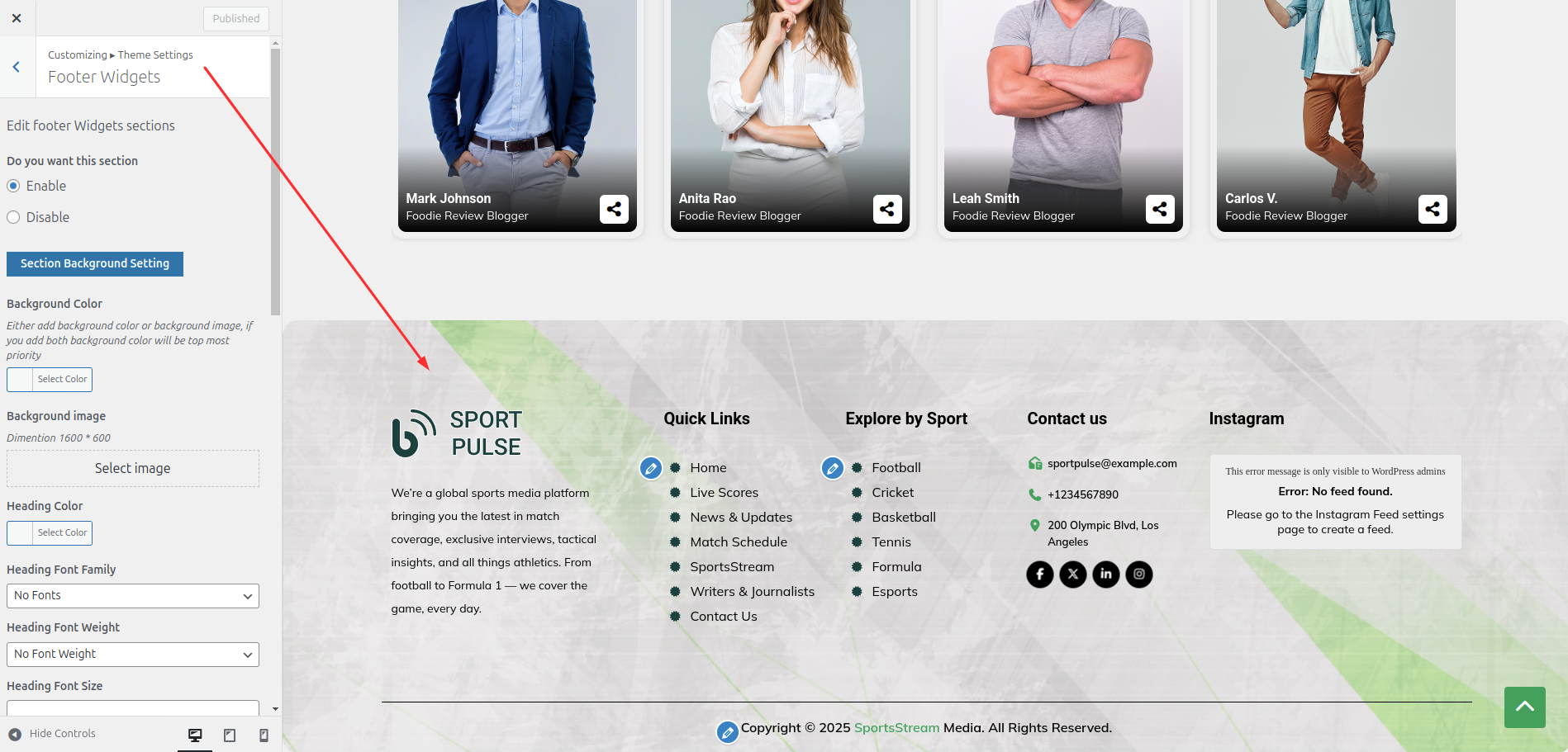 Footer Dashboard Setup