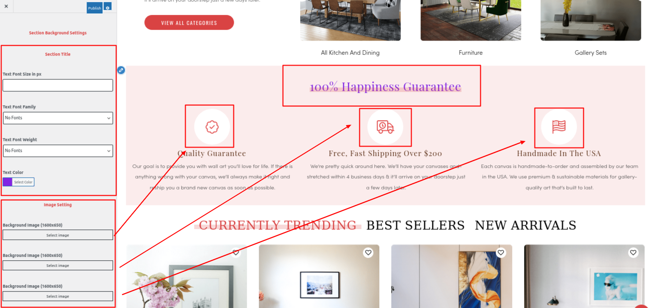 100% Happiness Guarantee Section Customizer Settings