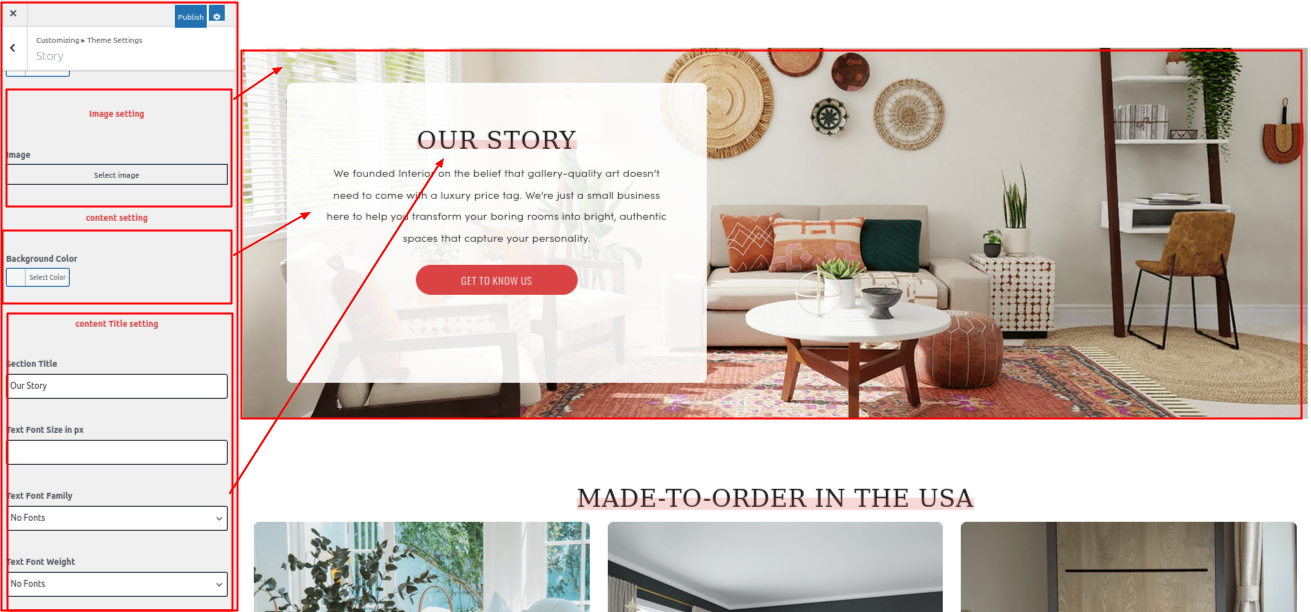 Our Story Section Customizer Settings