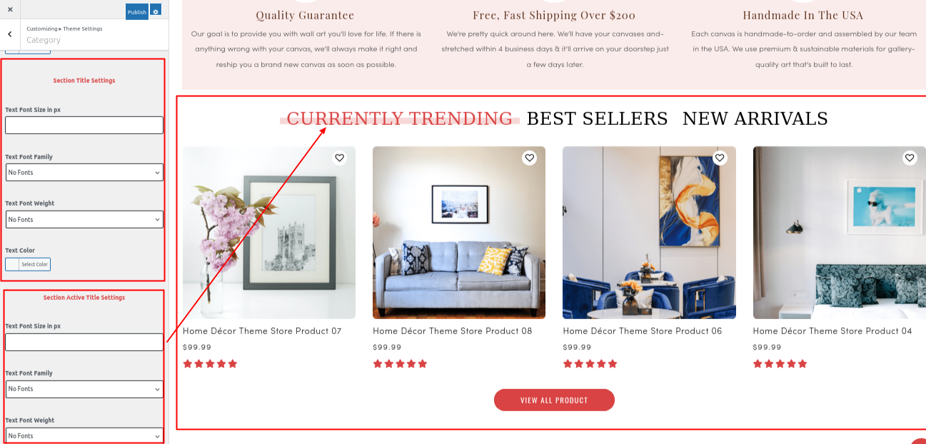 Category Product Section Customizer Settings