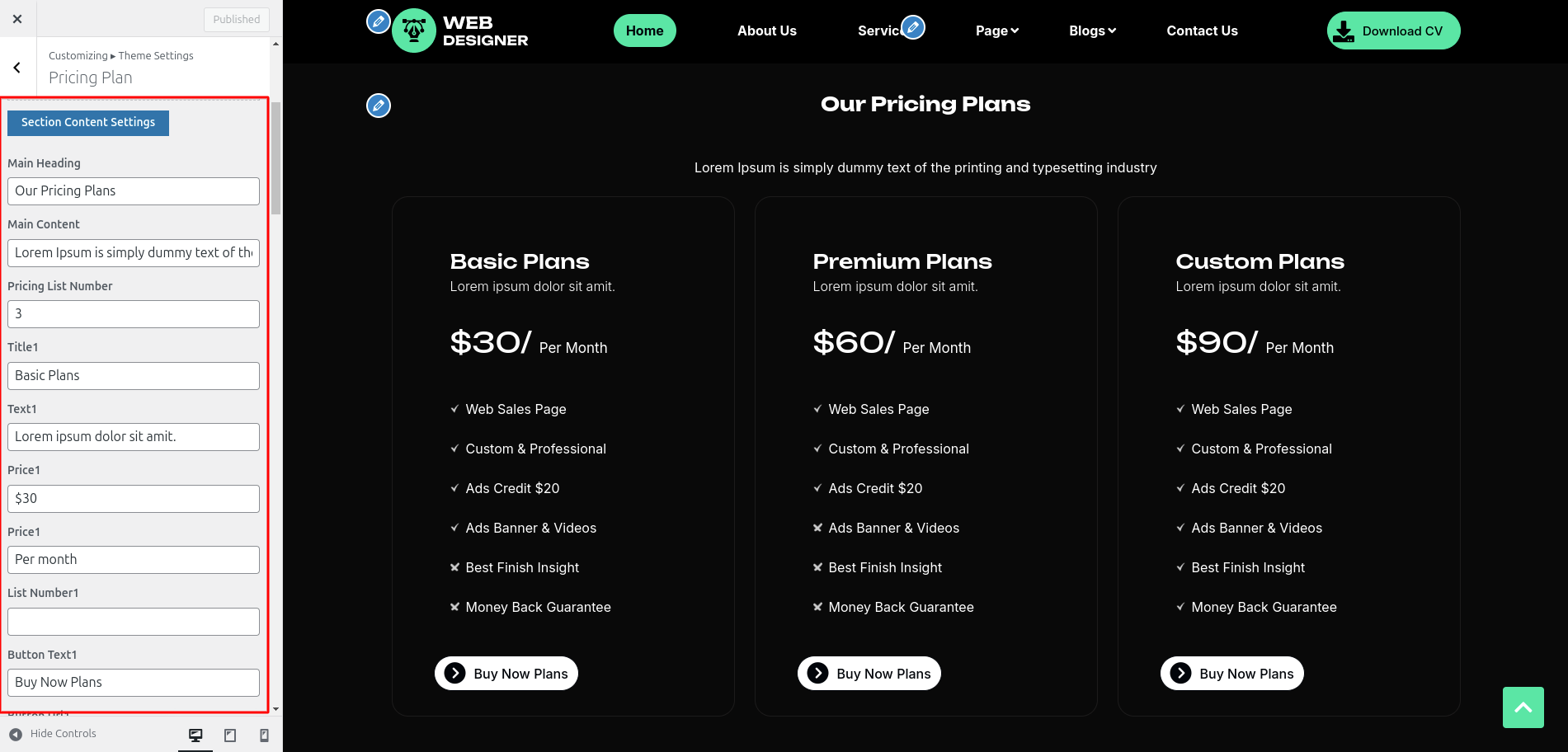Pricing Plan Customizer Settings