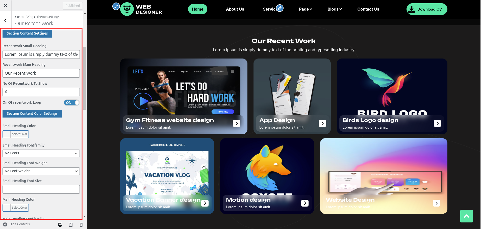 Our Recent Work Customizer Settings