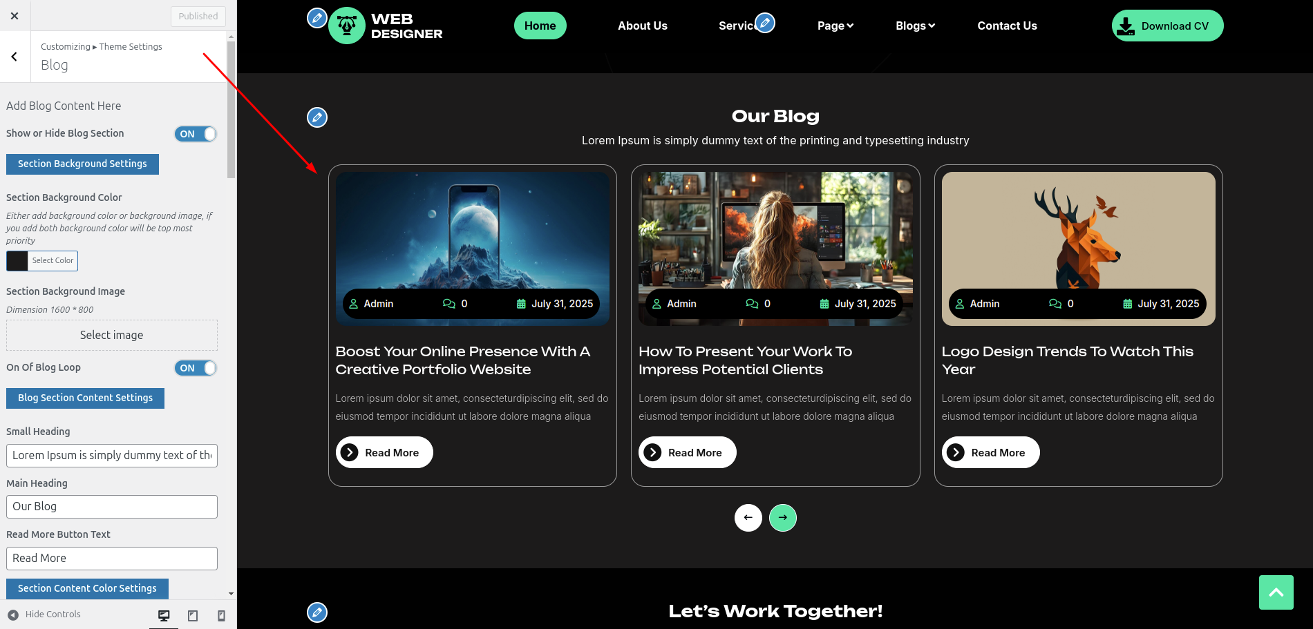 Blog Customizer Settings