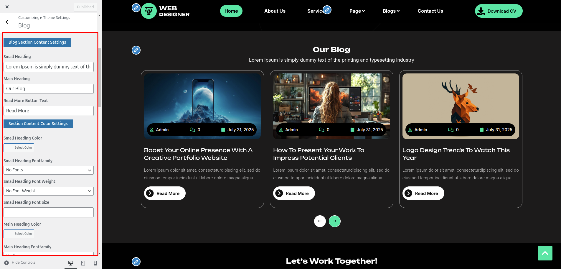 Blog Customizer Settings