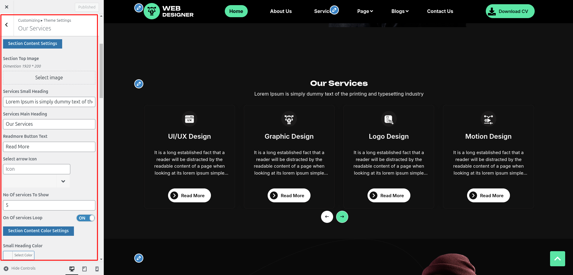 Services Customizer Settings