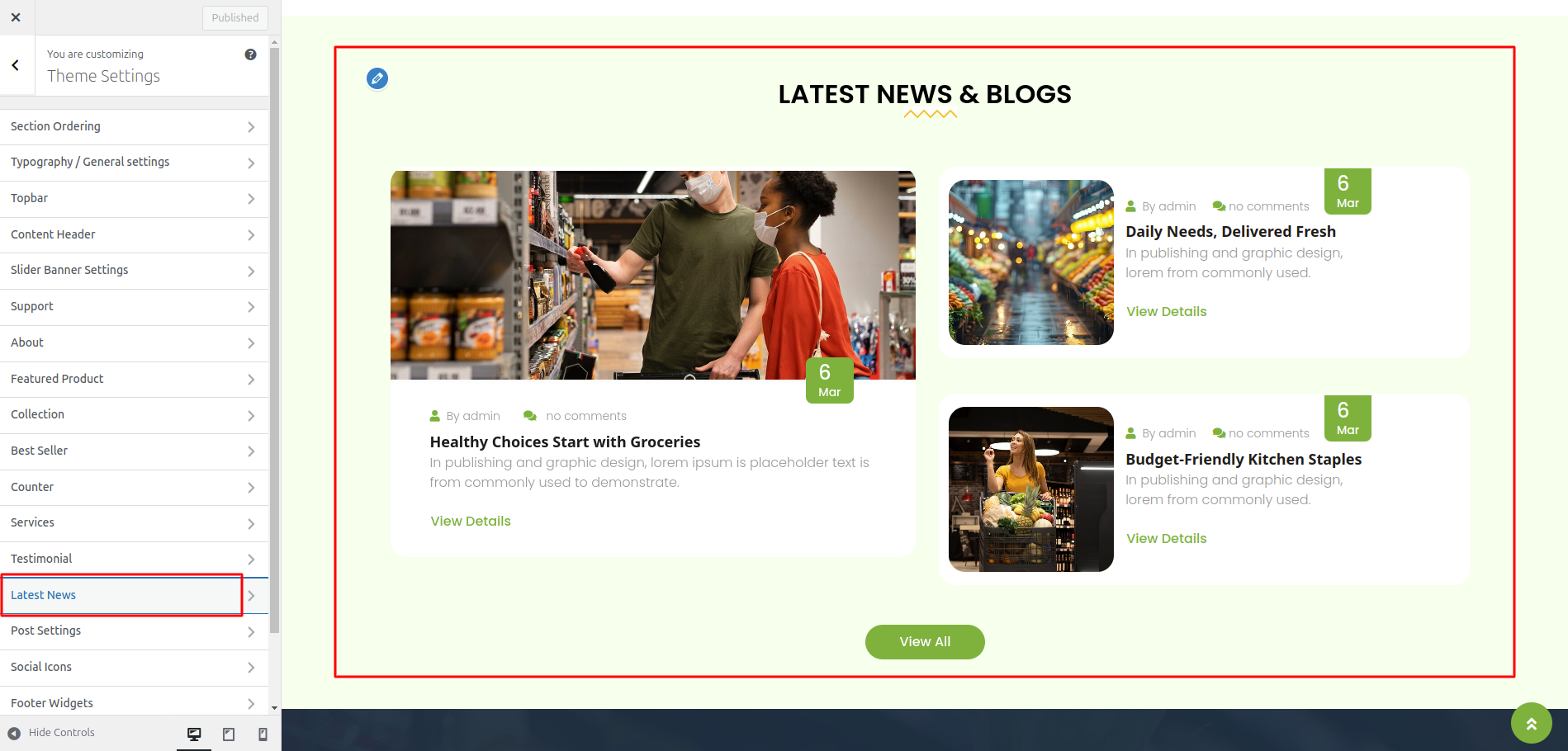 Blog Customizer Settings