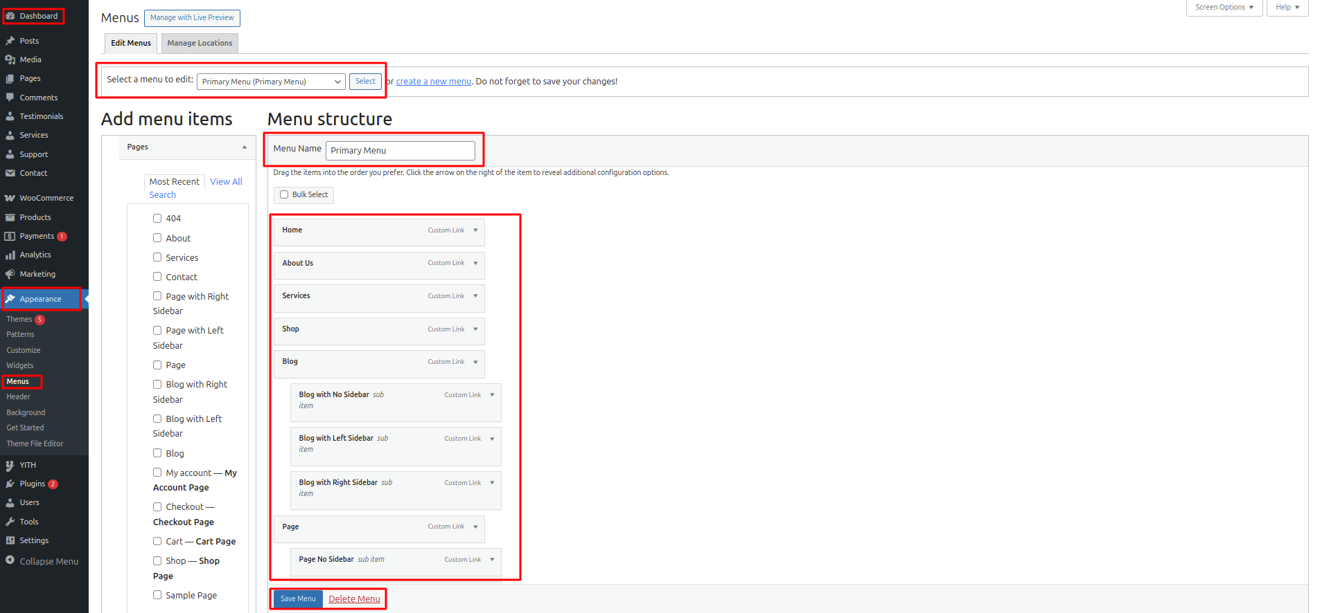 Menu Header Settings