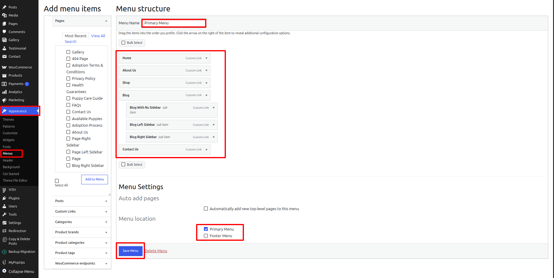 Menu Header Settings