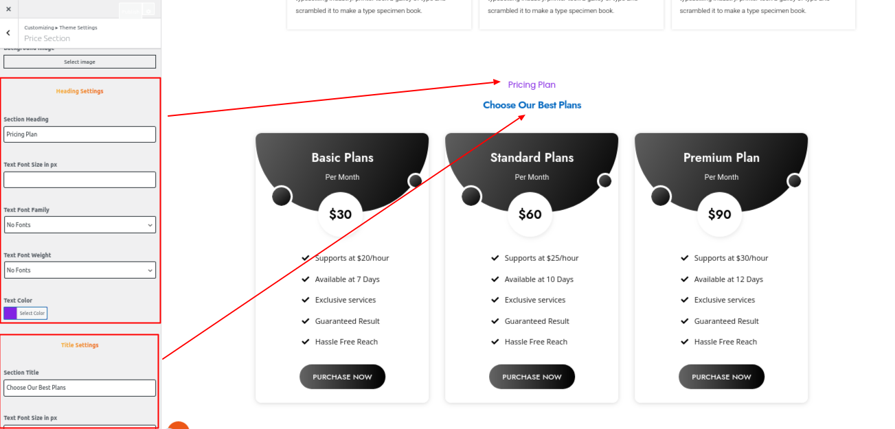 Pricing Plan Section Customizer Settings