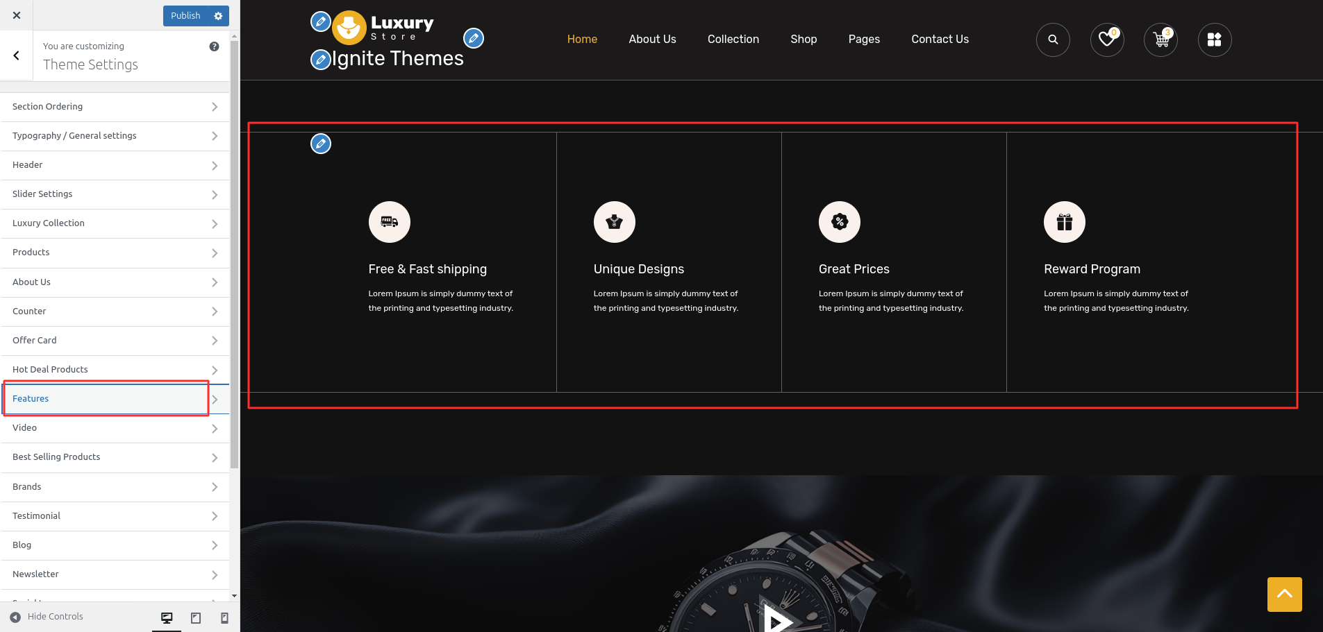 Features Customizer Settings