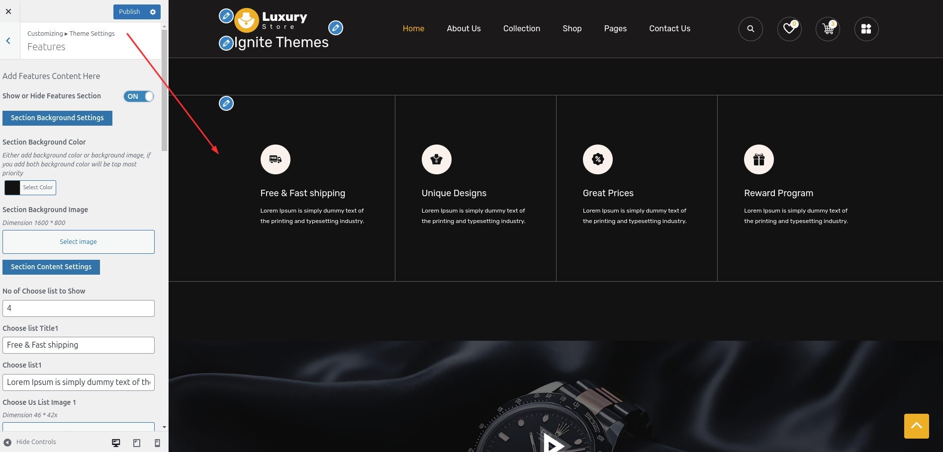 Features Customizer Settings
