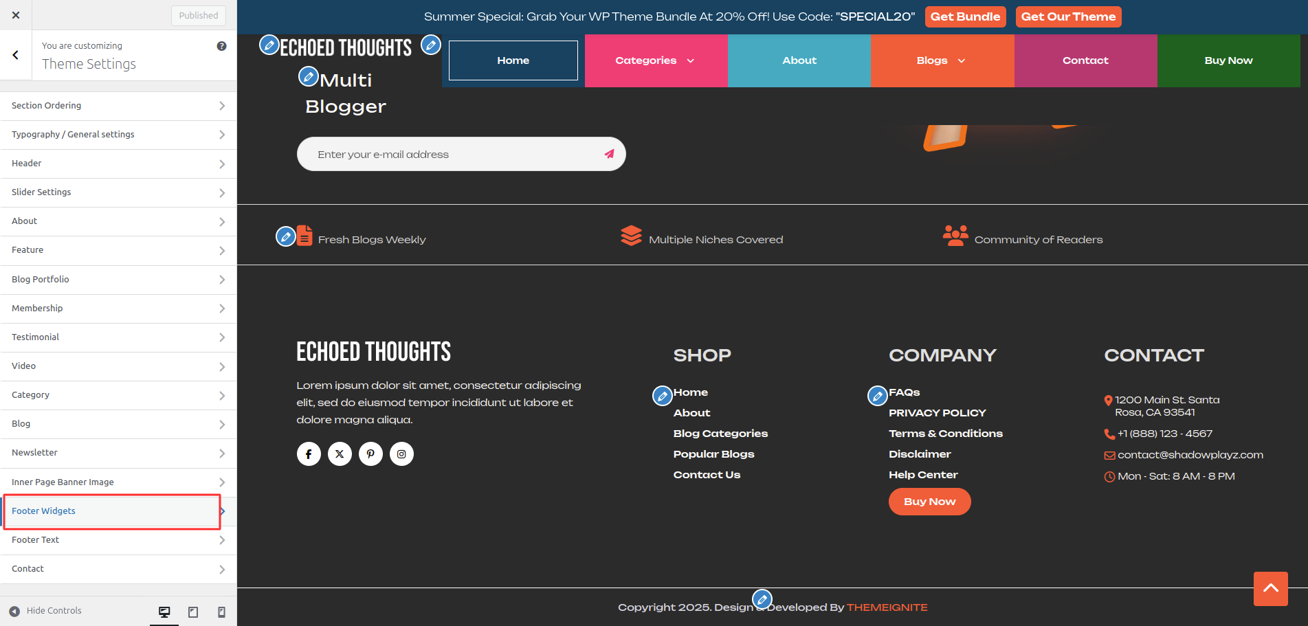 Footer Dashboard Setup