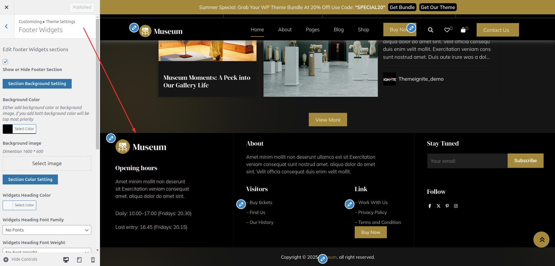 Footer Dashboard Setup