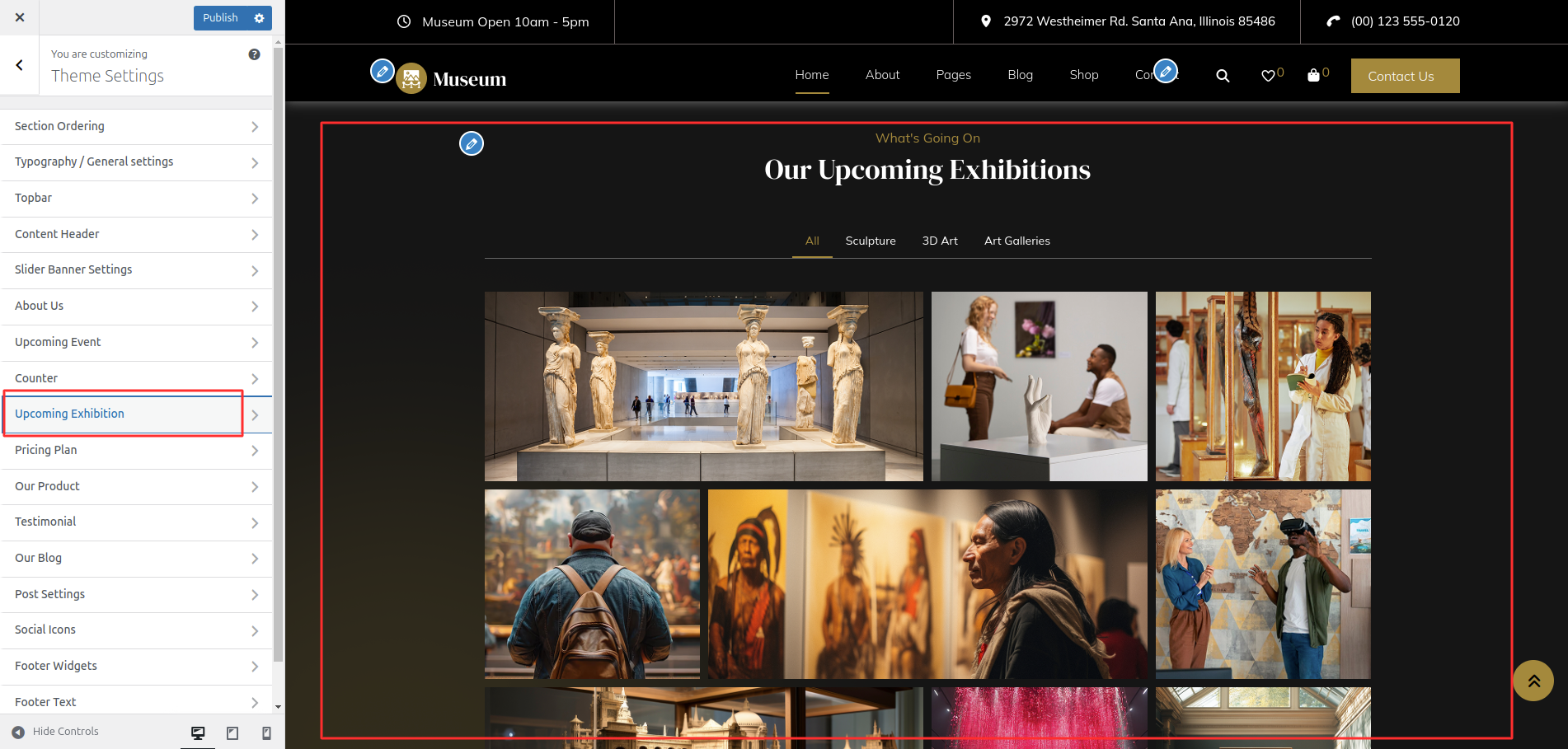 Upcoming Exhibitions Customizer Settings
