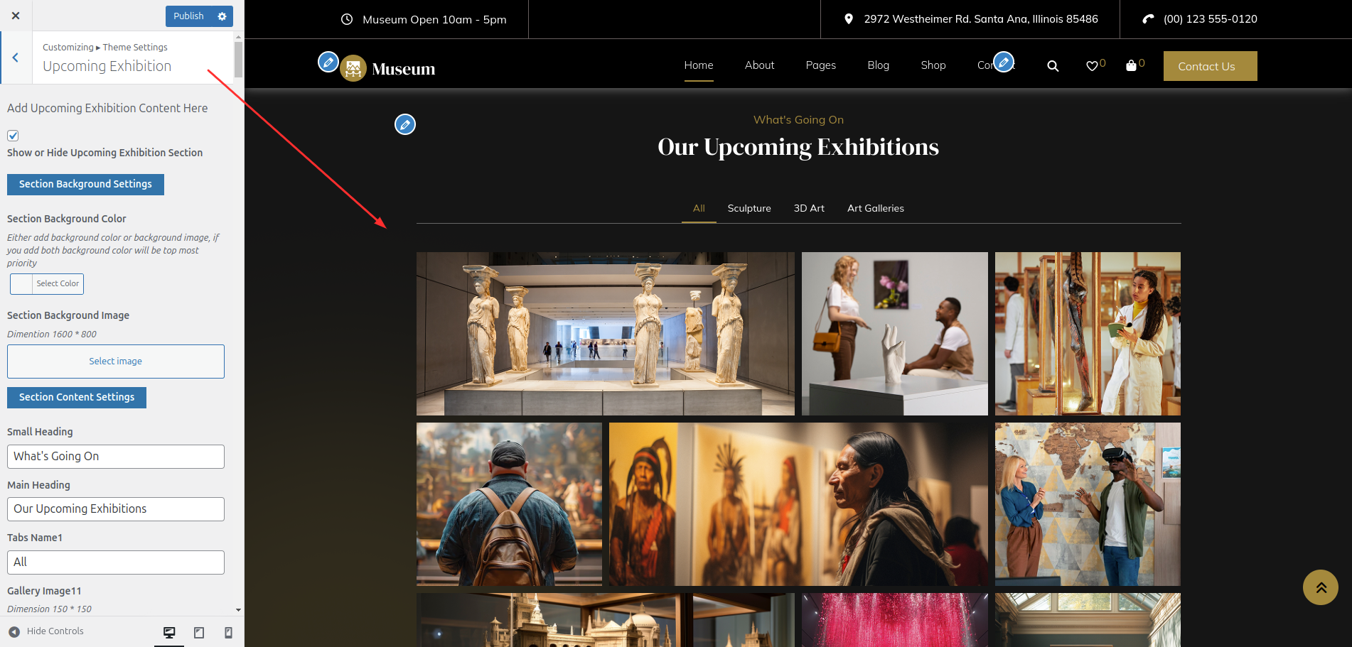 Upcoming Exhibitions Customizer Settings