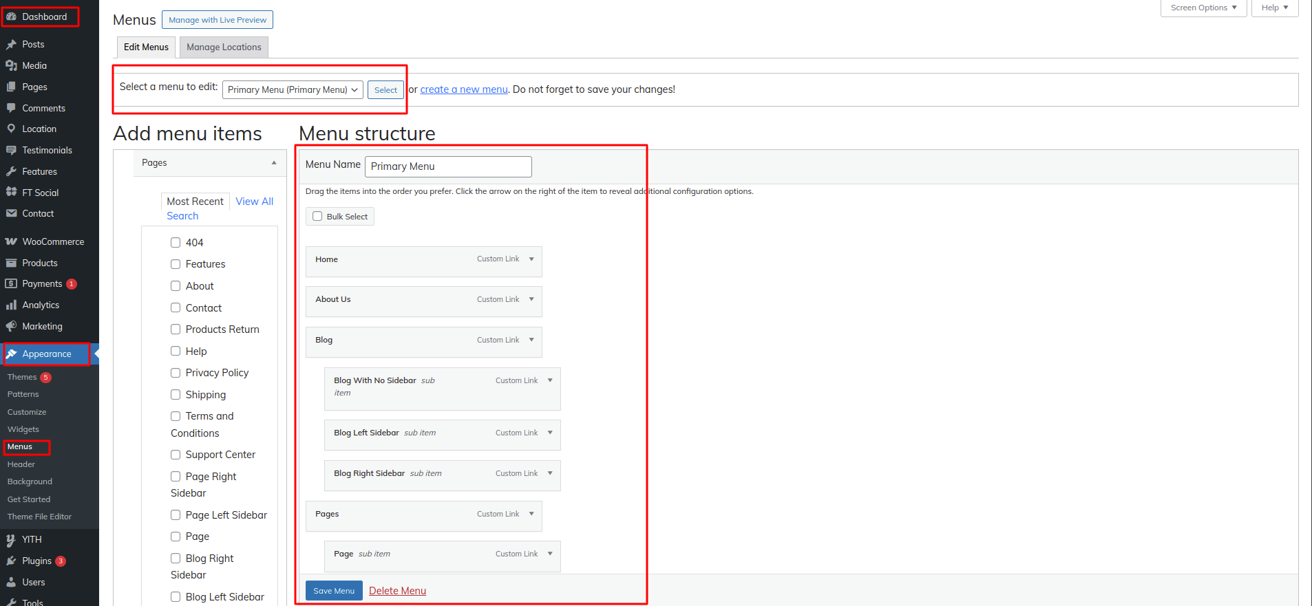 Menu Header Settings
