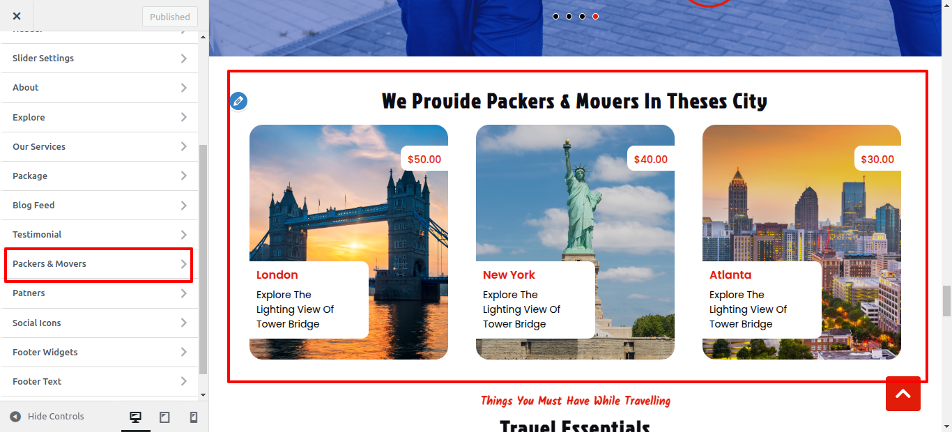 Packers & Movers Customizer Settings