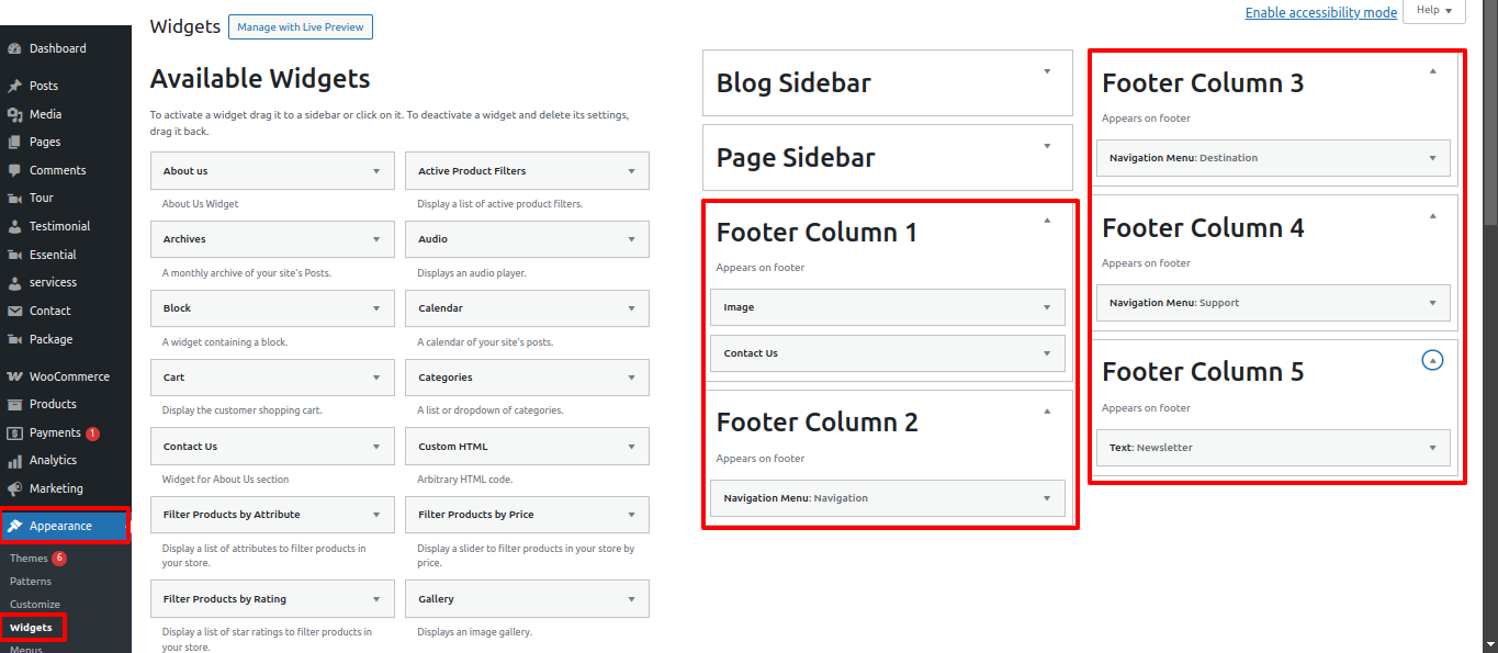 Footer Dashboard Setup