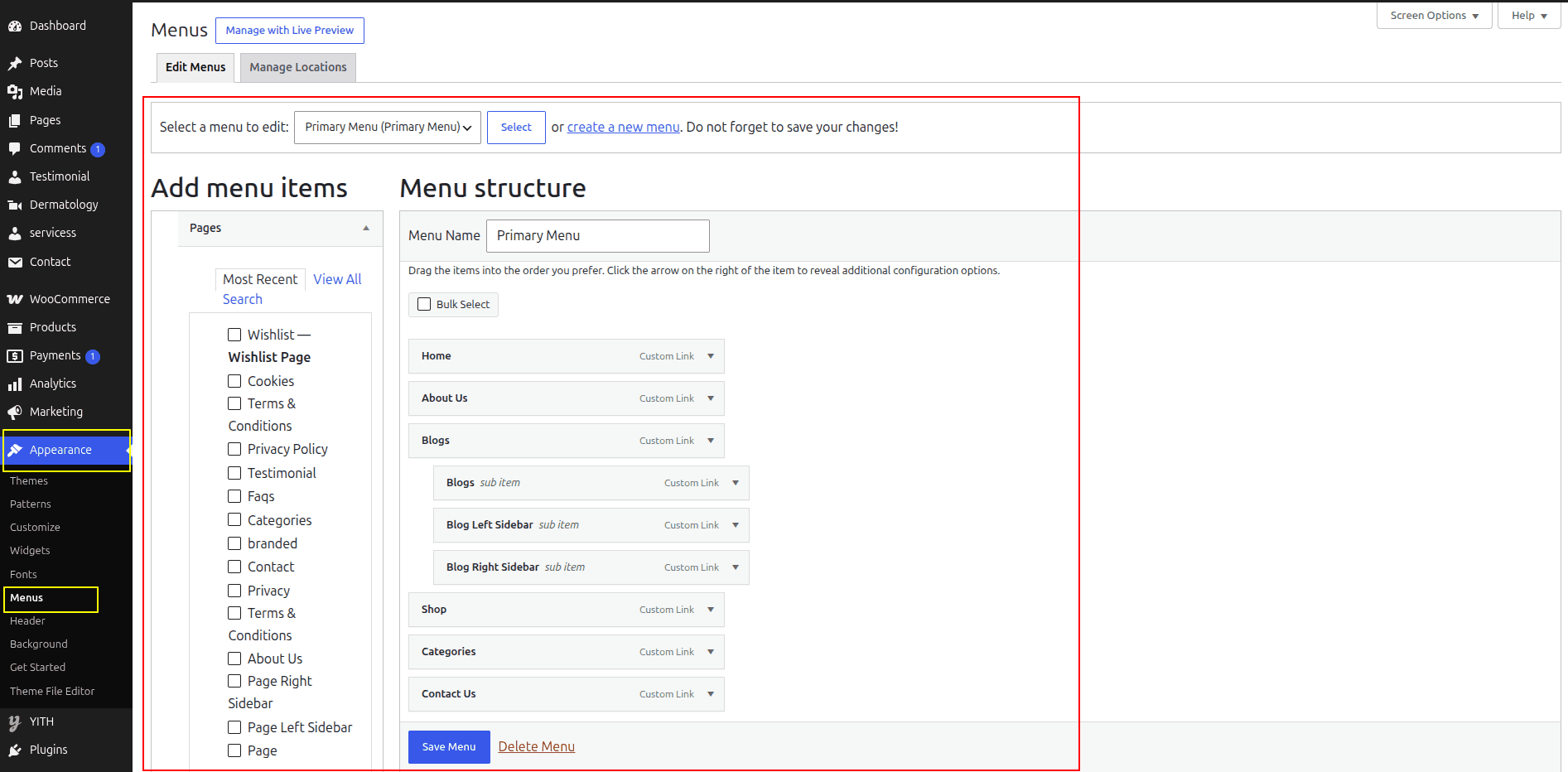 Menu Header Settings