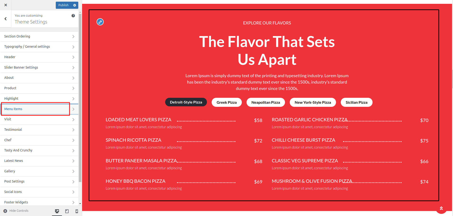 Menu Items Customizer Settings