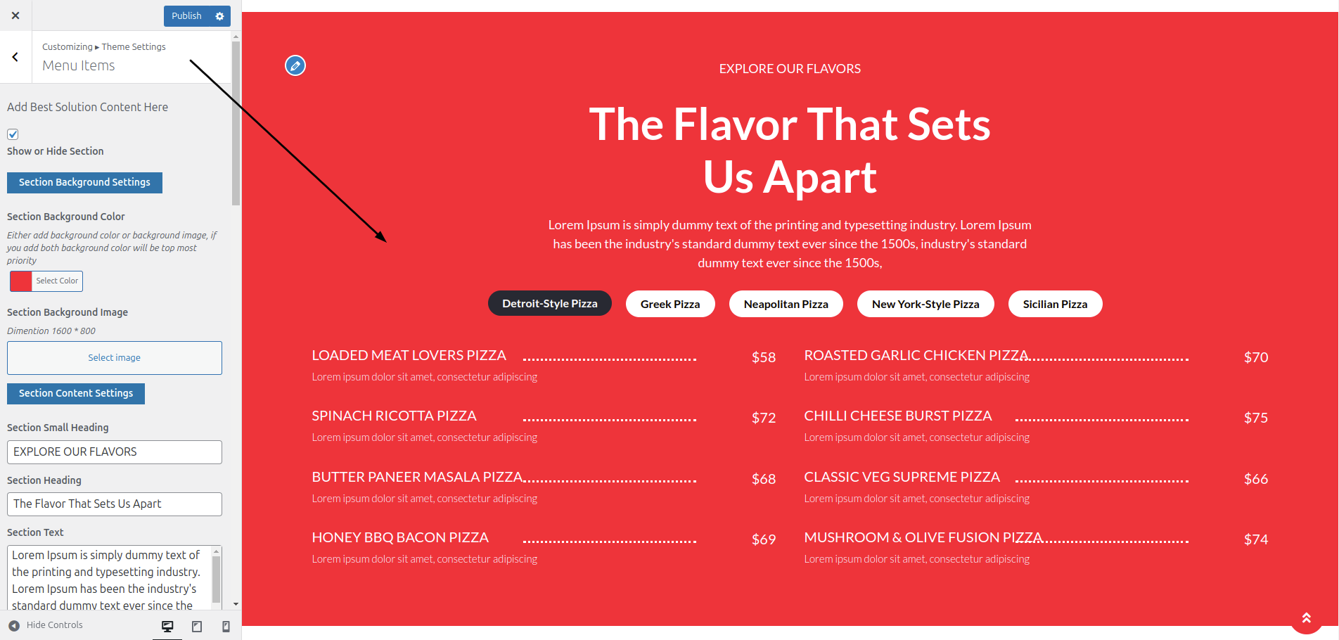 Menu Items Customizer Settings