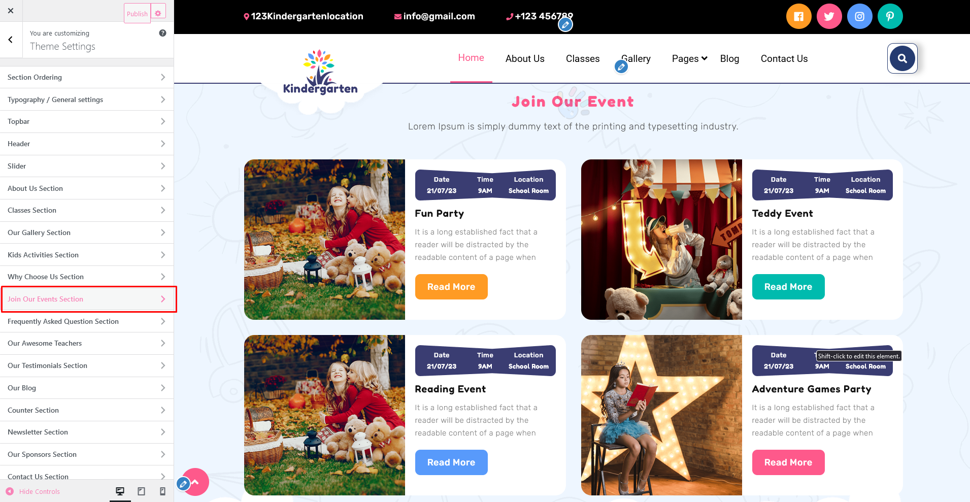 Join Our Event Section Customizer Settings