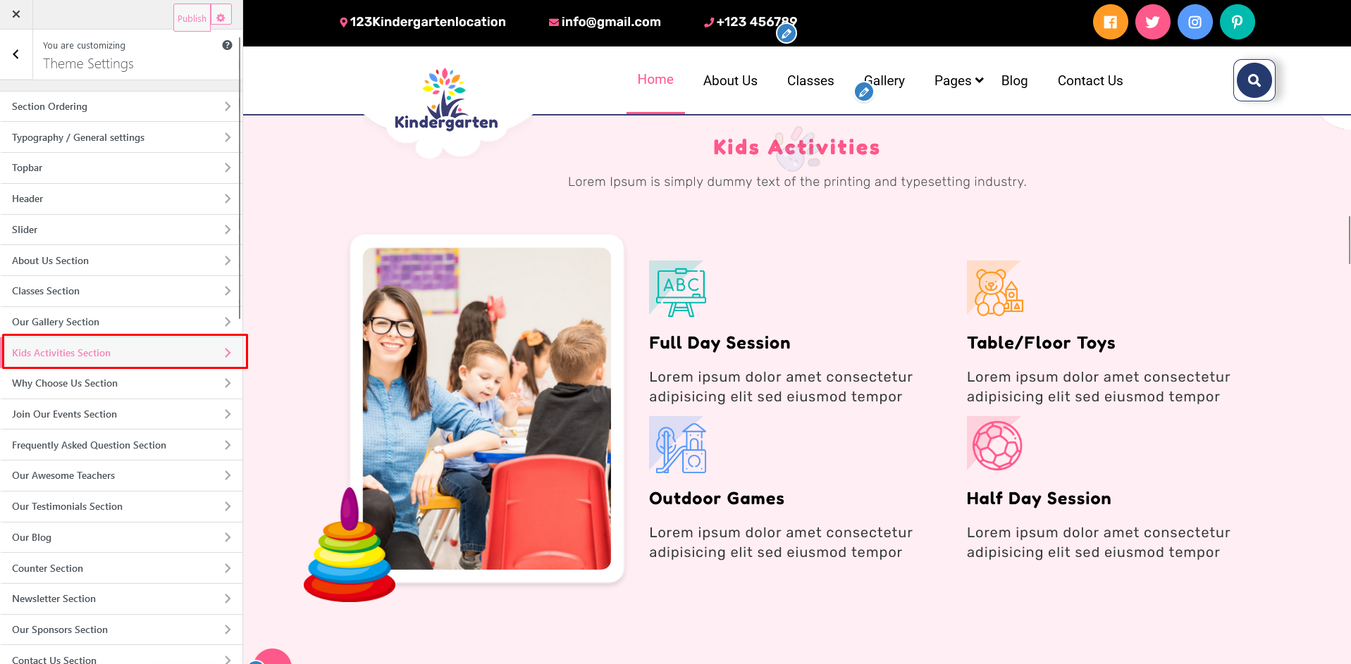 Kids Activities Stats Section Customizer Settings