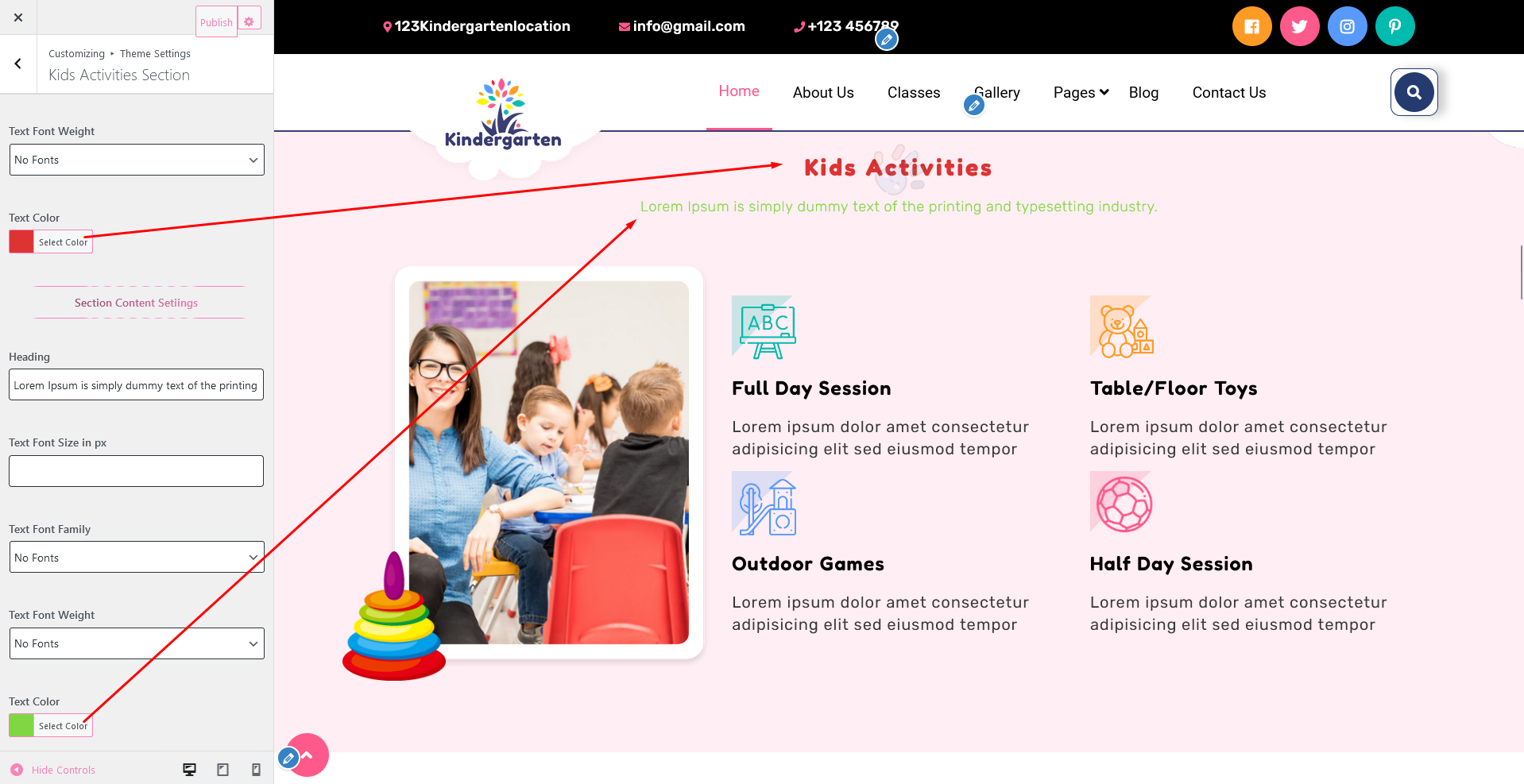 Kids Activities Stats Section Customizer Settings