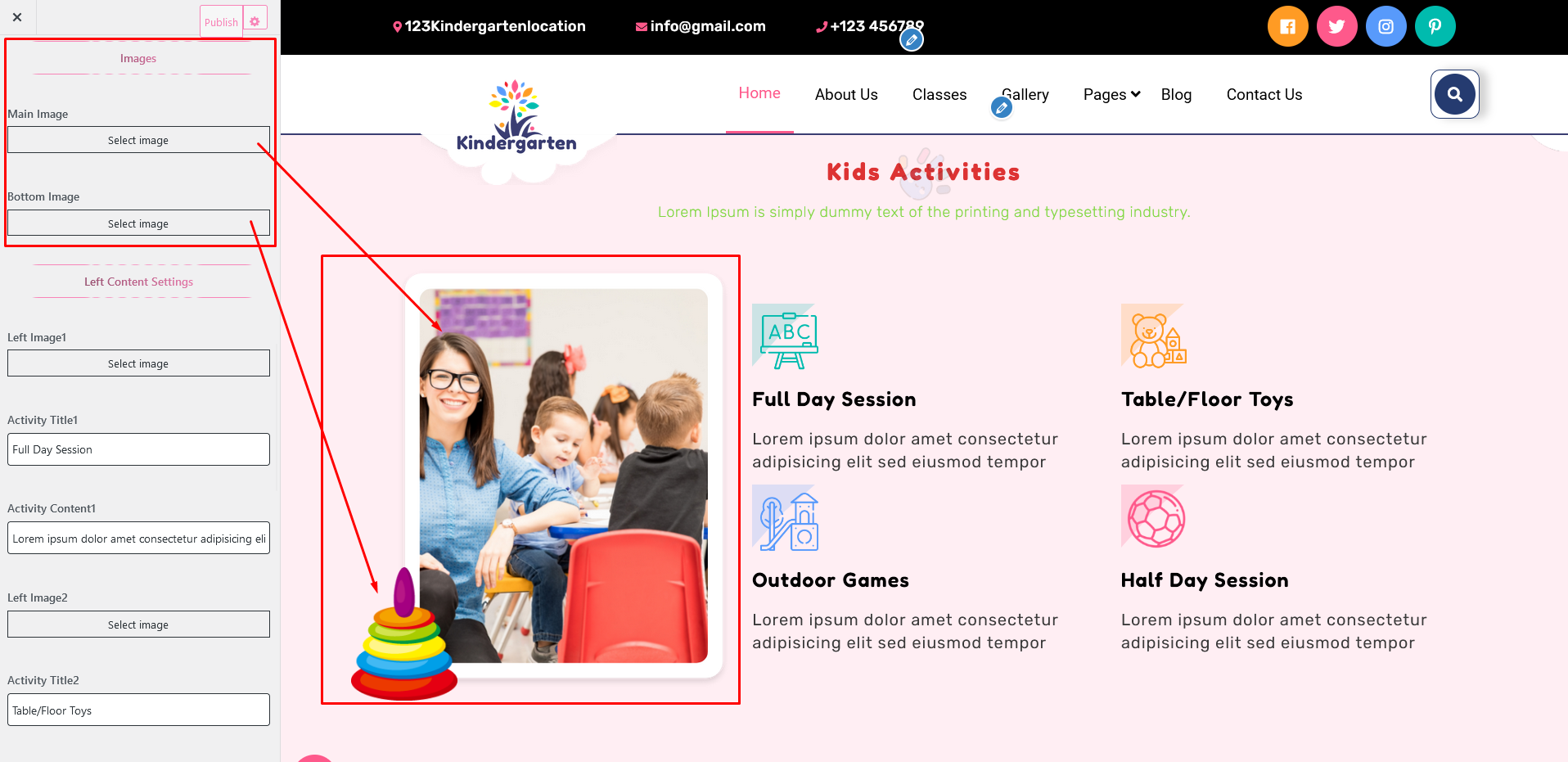 Kids Activities Stats Section Customizer Settings