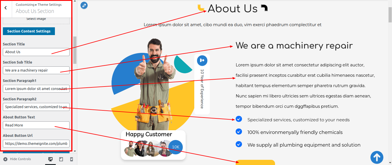 About Us Customizer Settings
